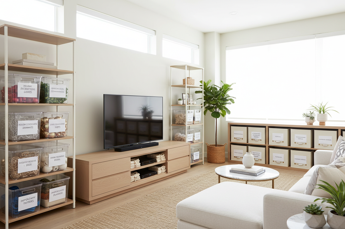 Declutter Your Living Room and Beyond: Media Console Organizers, Holiday Decor Vaults, and Document Archives