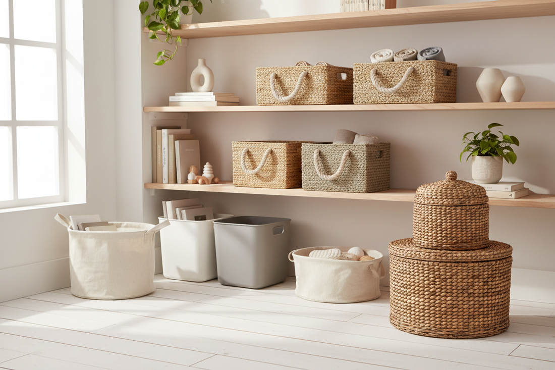 Versatile Home Storage: Baskets with Lids, Baskets with Handles, and Open Bins