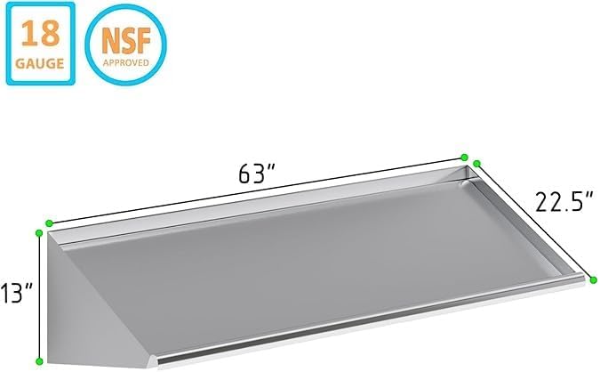 304 Stainless Steel Slanted Wall Rack Shelf with Drain Outlet – 63" x 22.5" | Wall-Mounted Commercial Drip Shelf for Kitchen, Dish Pit, or Back Bar (63 in. x 22 1/2 in)
