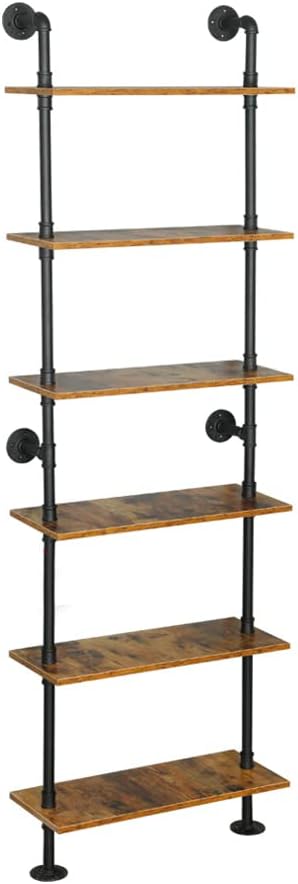 Industrial Pipe Shelving, 6-Tier Pipe Shelves Ladder Shelf, Modern Bookcase Wall Mount Bookshelf with Metal Frame, Book Shelves Wall Decor Wood Shelves for Home, Living Room, Office(23.6x9.8x78.8)