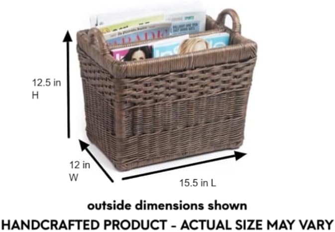 The Basket Lady Rectangular Wicker Divided Magazine Basket, 15.5 in L x 12 in W x 12.5 in H, Antique Walnut Brown
