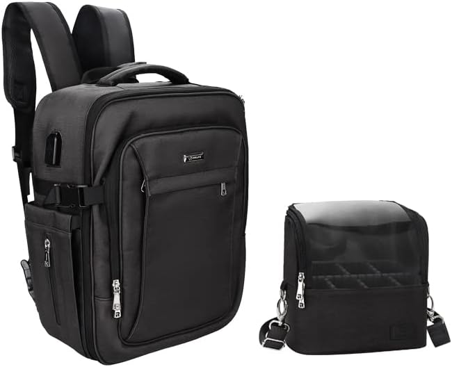 Relavel Professional Makeup Case Makeup Backpack and Makeup Brush Case for Makeup Artists, Durable Water-resistant Material, with Shoulder Strap and Adjustable Dividers Black