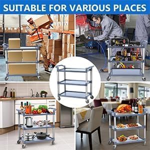 3-Tier Service Cart，3-Shelf Rolling Push Cart with Wheels，360 LBS Heavy Duty Utility Cart for Restaurant, Office, Kitchen & Hotel ，Grey