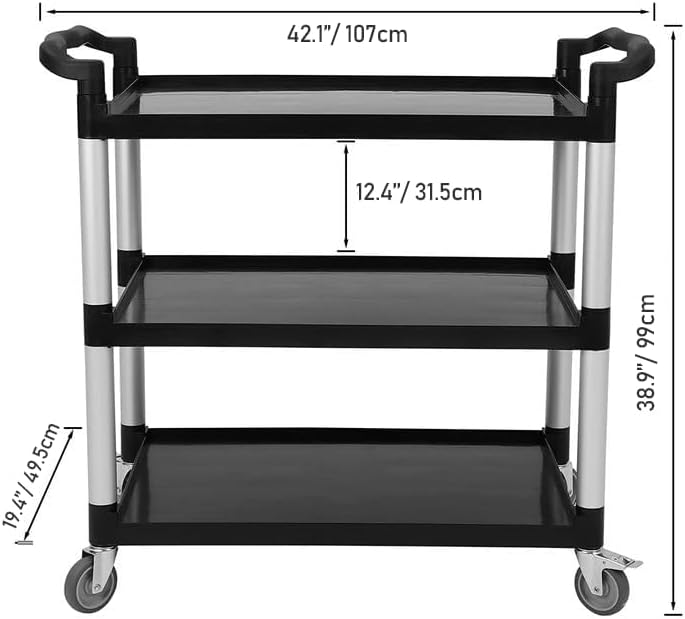 3-Shelf Service Cart，42" Wx20 Dx39 H，360 Lbs Heavy Duty Utility Cart ，Rolling Cart with Lockable 360° Swivel Wheels for Foodservice, Restaurant & Cleaning，Black