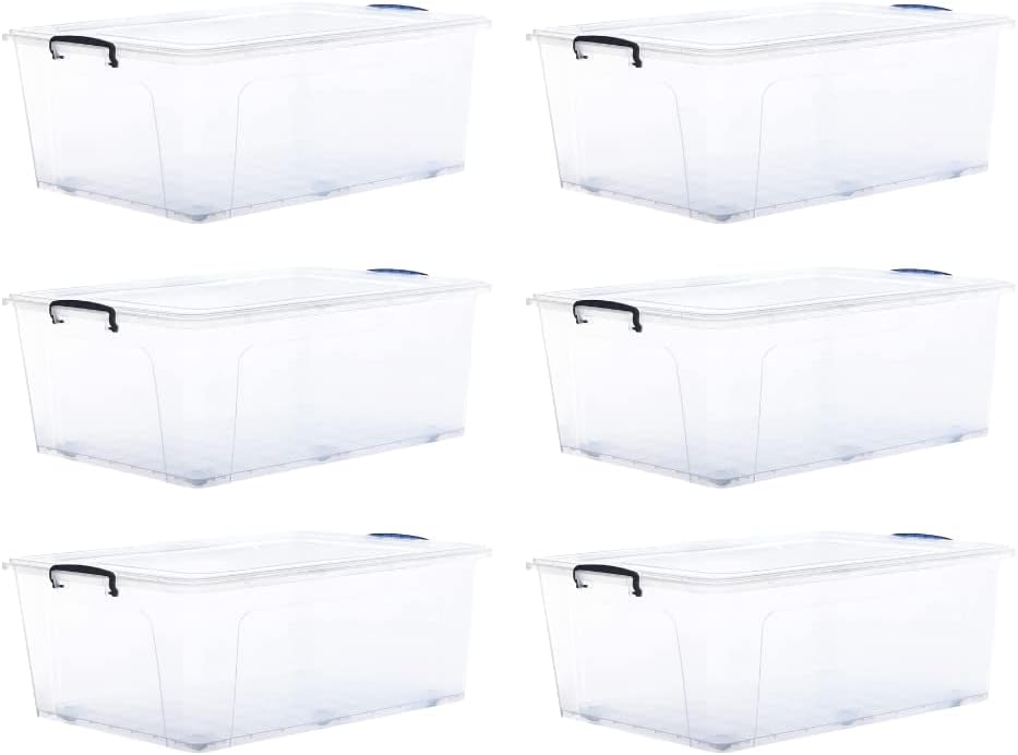 Superio Storage Bins with Lids- Clear Boxes for Organizing, Stackable Plastic Containers- BPA Free, Non-Toxic, Odor Free, Organizer for Home, Office, Dorm (6 Pack, 60 Qt (Wheeled))