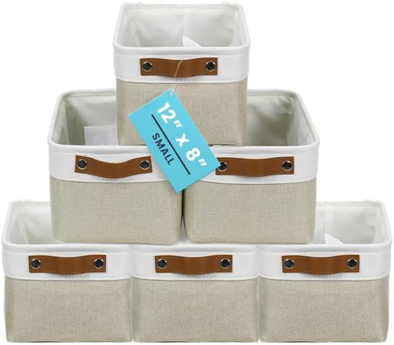 OrganiHaus Small Fabric Storage Baskets for Shelves 6 Pack, 12x8in Closet Storage Bins for Shelves, Cloth Storage Bins, Linen Closet Organizers, Fabric Basket, Shelf Baskets for Organizing Beige/White