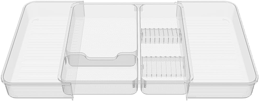 Expandable Drawer Organizer Tray from 11” to 19.1”, Adjustable Silverware in Drawer Holder, Clear Plastic Drawer Storage with Sliding Dividers for Utensil, Cosmetics, Toiletries, Offices