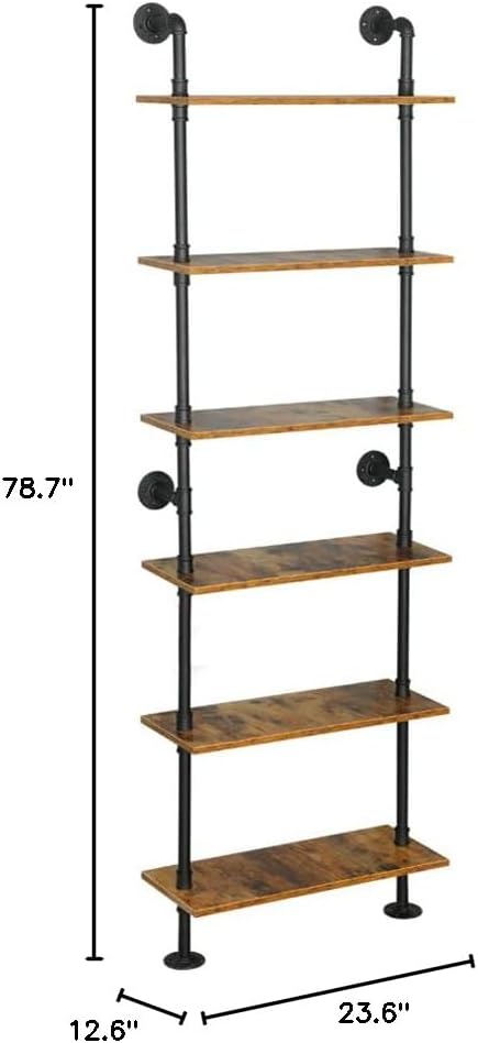 Industrial Pipe Shelving, 6-Tier Pipe Shelves Ladder Shelf, Modern Bookcase Wall Mount Bookshelf with Metal Frame, Book Shelves Wall Decor Wood Shelves for Home, Living Room, Office(23.6x9.8x78.8)