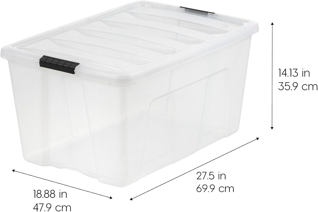 IRIS USA 94 Qt Stackable Plastic Storage Bins with Lids, 4 Pack - BPA-Free, Made in USA - See-Through Organizing Solution, Latches, Durable Nestable Containers, Secure Pull Handle - Clear