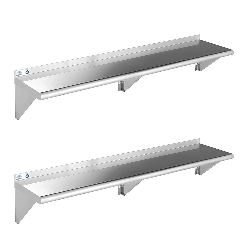 ROCKPOINT Stainless Steel Shelf 12 x 60 Inches 400lb, 2 Pack NSF Commercial Wall Mount Floating Shelving with Backsplash for Restaurant, Kitchen, Home and Hotel, Silver