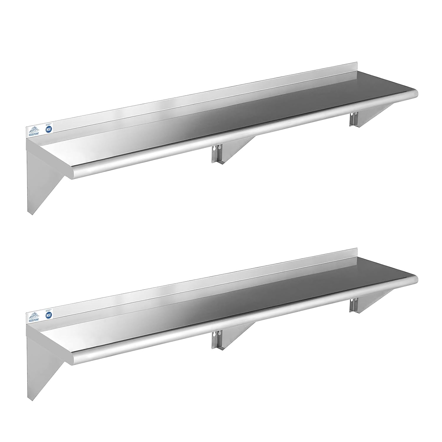 ROCKPOINT Stainless Steel Shelf 12 x 60 Inches 400lb, 2 Pack NSF Commercial Wall Mount Floating Shelving with Backsplash for Restaurant, Kitchen, Home and Hotel, Silver
