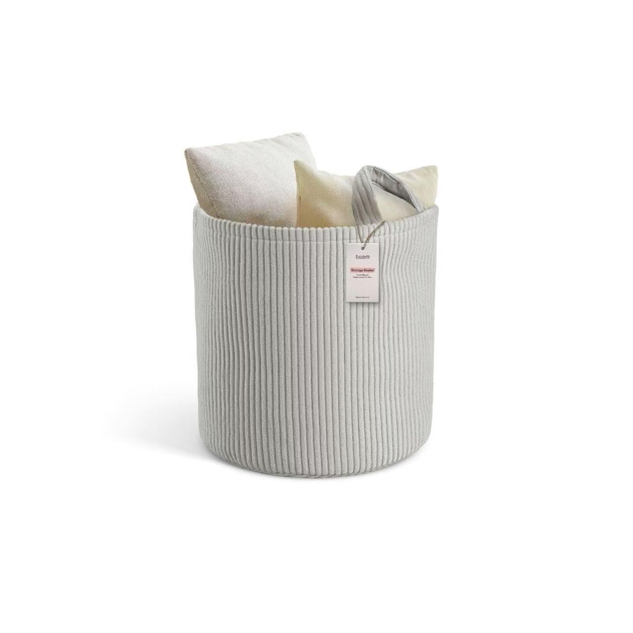 PUTSKA Blanket Basket – Round Storage for Toys and Blankets, Clothes, Stuffed Animals – Soft Baby Girl Basket for Nursery, Kids Room, Bedroom, Living Room – Large, Grey