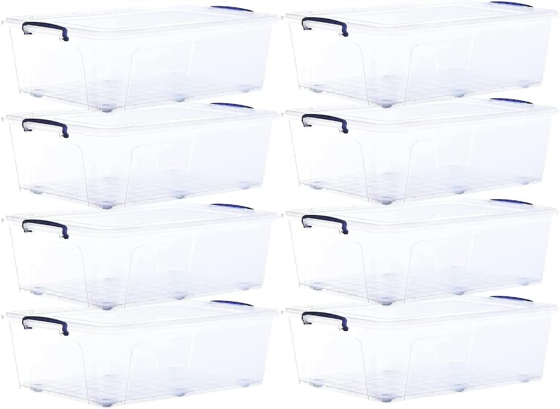 Superio Storage Bins with Lids- Clear Boxes for Organizing, Stackable Plastic Containers- BPA Free, Non-Toxic, Odor Free, Organizer for Home, Office, Dorm (8 Pack, 42 Qt (Under Bed-Wheeled))