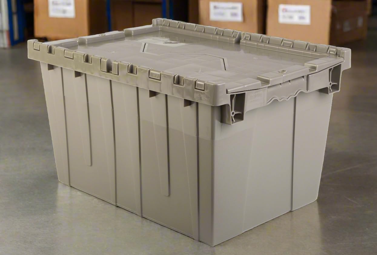 Hudson Exchange 21.9 x 15.2 x 12.8” (3 Pack) Storage Tote Distribution Container with Hinged Attached Lid, Gray/Brown