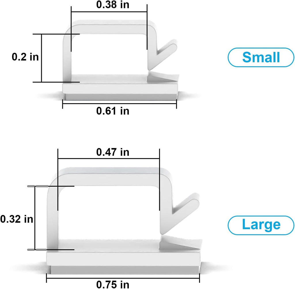 100 PCS Adhesive Cable Clips White (Small & Large), Upgraded Wall Wire Holder for Cord Organizer Cable Management, Outdoor Light Clips Hooks for LED, Car Dash Cam, HDMI, Extension Cord