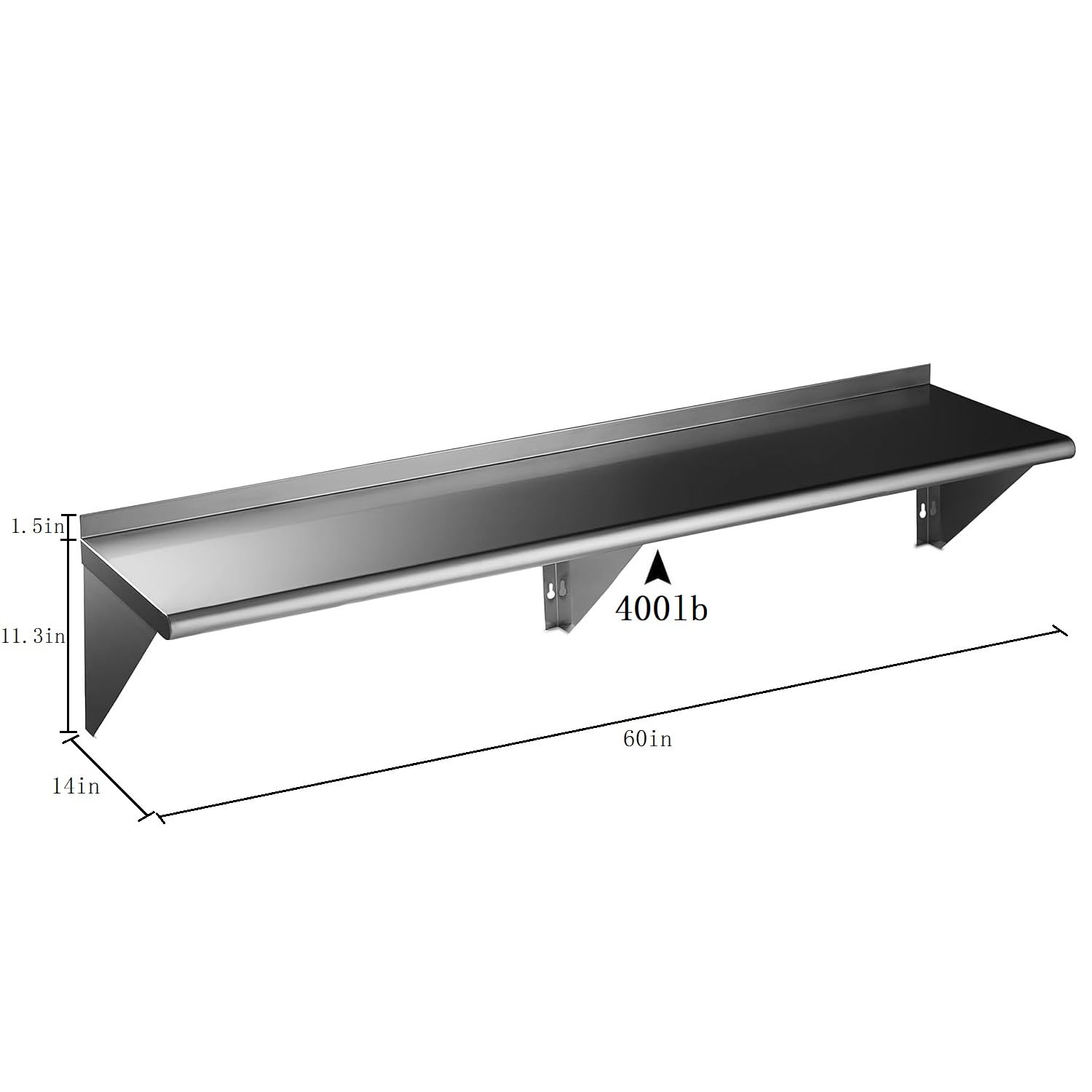 ROCKPOINT Stainless Steel Shelf 14 x 60 Inches 400lb, NSF Metal Commercial Shelves Wall Mount Floating Shelving with Backsplash for Restaurant, Kitchen, Home and Hotel, Silver