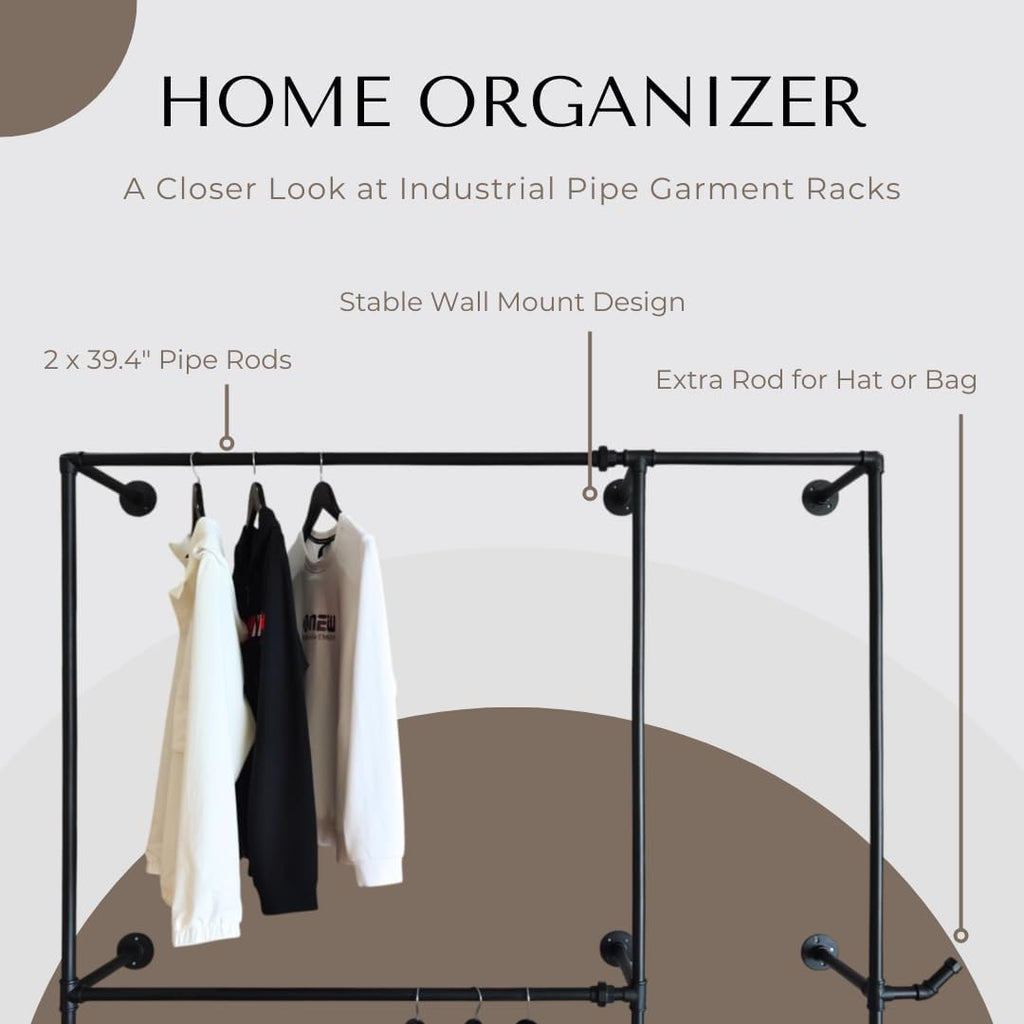 Industrial Pipe Clothing Rack, Heavy Duty Wall Mounted Clothes Rack, Retail Display Hanging Garment Rod for Laundry Rooms, Closet Storage, 14.6x62.5x82.7 Inches, Model AF01