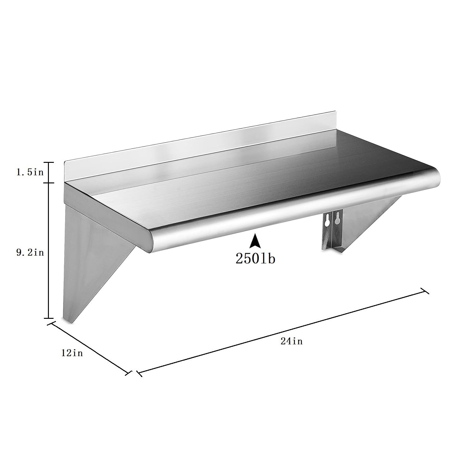 ROCKPOINT Stainless Steel Shelf 12 x 24 Inches 250lb, 2 Pack NSF Metal Commercial Shelves Wall Mount Floating Shelving with Backsplash for Restaurant, Kitchen, Home and Hotel, Silver