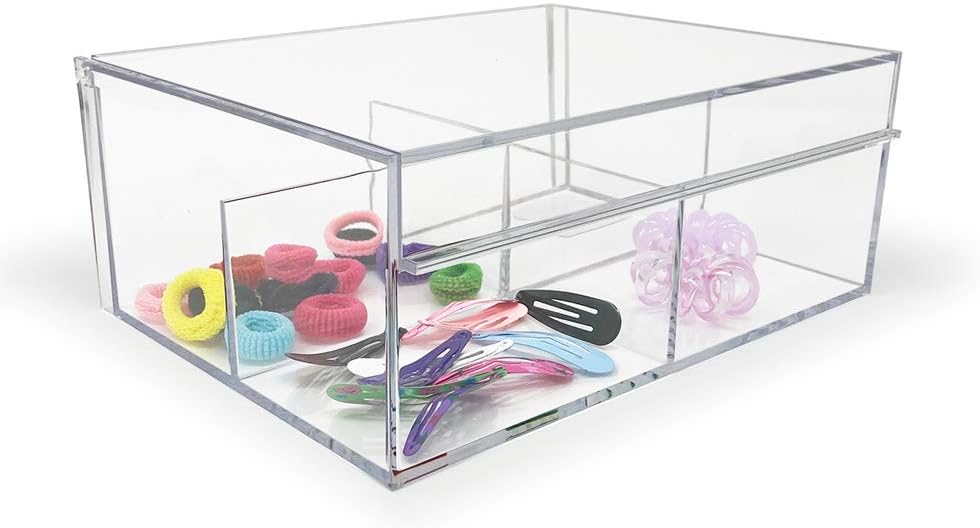 Isaac Jacobs 4-Compartment Clear Acrylic Organizer with Lid (6.7" L x 8.6" W x 3.4" H), Multi-Sectional Tray & Storage Solution for Makeup, School & Office Supplies & More, for Bathroom, Kitchen