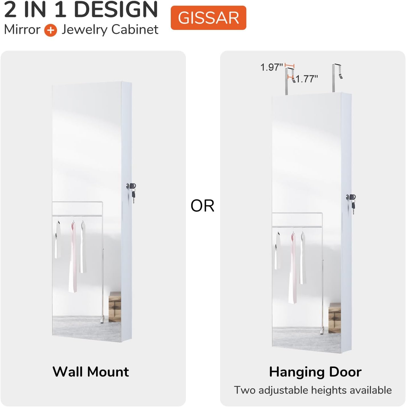 GISSAR Full Length Mirror Jewelry Cabinet, 6 LEDs Jewelry Armoire Wall Mounted Over The Door Hanging, Jewelry Organizer Display Storage Furniture with Lights Locker Mirrored Cabinet, 39.4" H, White