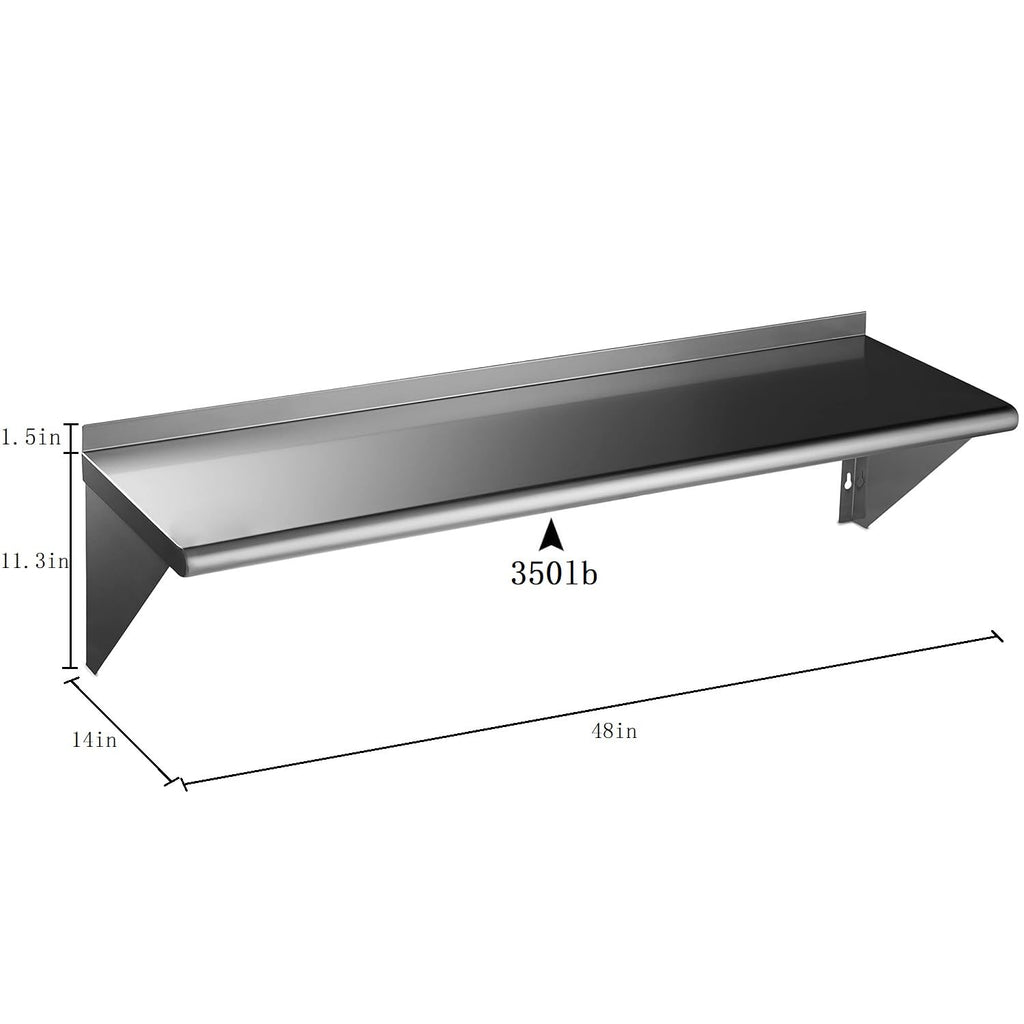 ROCKPOINT Stainless Steel Shelf 14 x 48 Inches 350lb, NSF Metal Commercial Shelves Wall Mount Floating Shelving with Backsplash for Restaurant, Kitchen, Home and Hotel, Silver