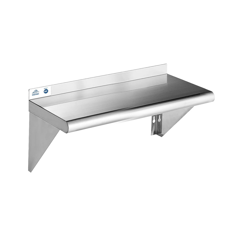 ROCKPOINT Stainless Steel Shelf 10 x 30 Inches 225lb, NSF Metal Commercial Shelves Wall Mount Floating Shelving with Backsplash for Restaurant, Kitchen, Home and Hotel, Silver