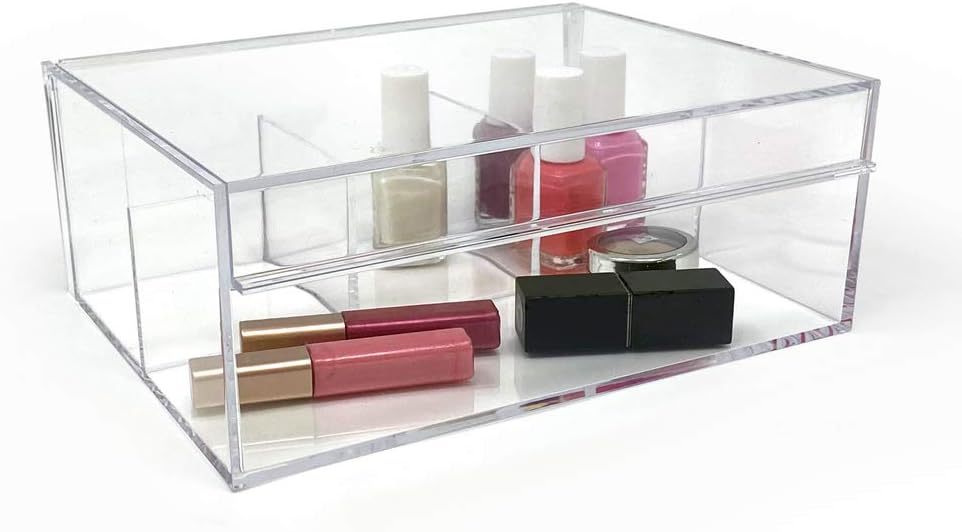 Isaac Jacobs 4-Compartment Clear Acrylic Organizer with Lid (6.7" L x 8.6" W x 3.4" H), Multi-Sectional Tray, Storage Solution for Makeup, School & Office Supplies (3 Small, 1 Large)