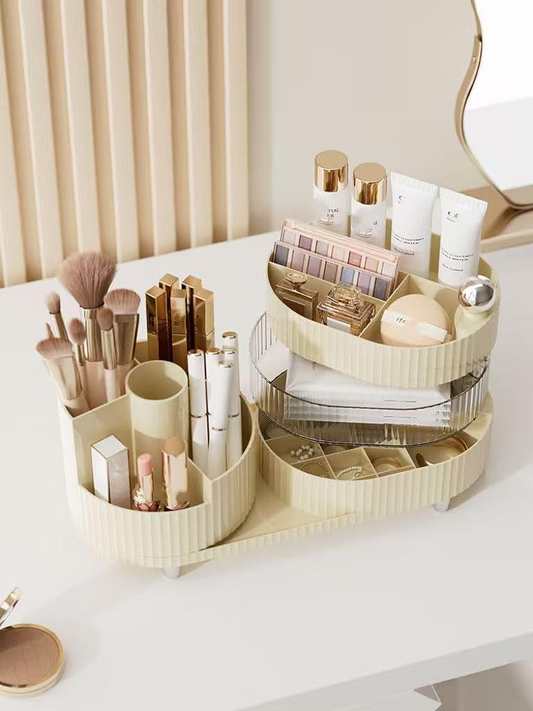360° Rotating Cosmetic Organizer,3-Layer Display Cabinet With Brush Holder And Drawer,12 x 11 x 4 inches(Cream White)