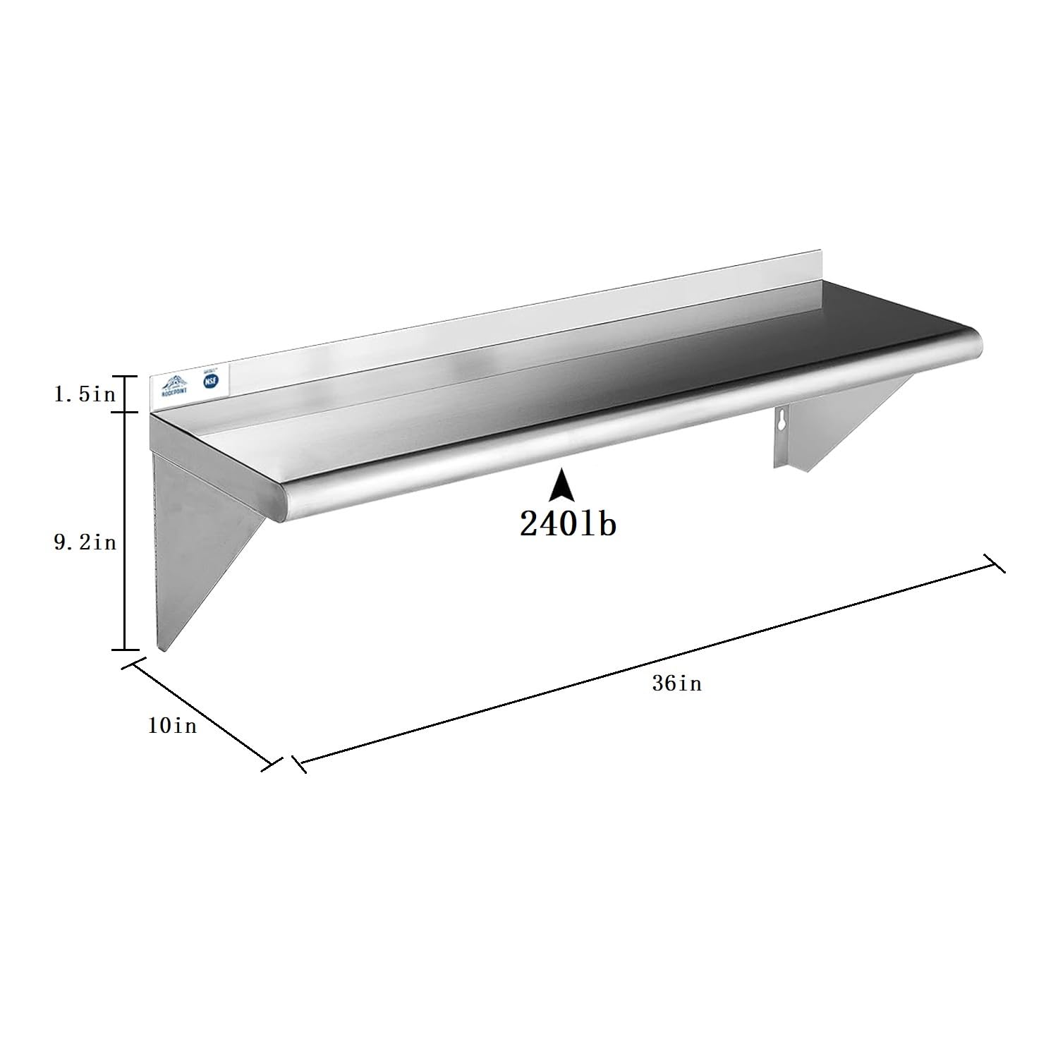 ROCKPOINT Stainless Steel Shelf 10 x 36 Inches 240lb, NSF Metal Commercial Shelves Wall Mount Floating Shelving with Backsplash for Restaurant, Kitchen, Home and Hotel, Silver