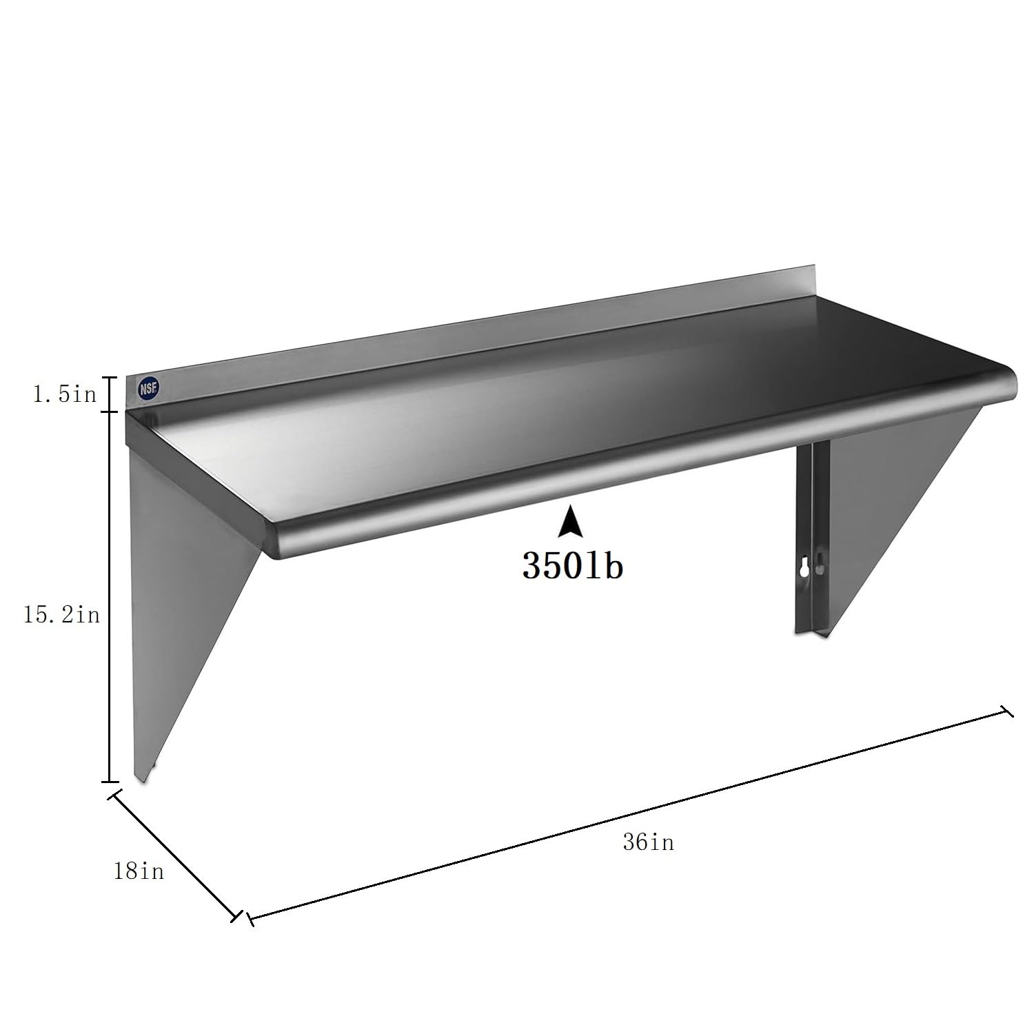 ROCKPOINT Stainless Steel Shelf 18 x 36 Inches 350lb, NSF Metal Commercial Shelves Wall Mount Floating Shelving with Backsplash for Restaurant, Kitchen, Home and Hotel, Silver