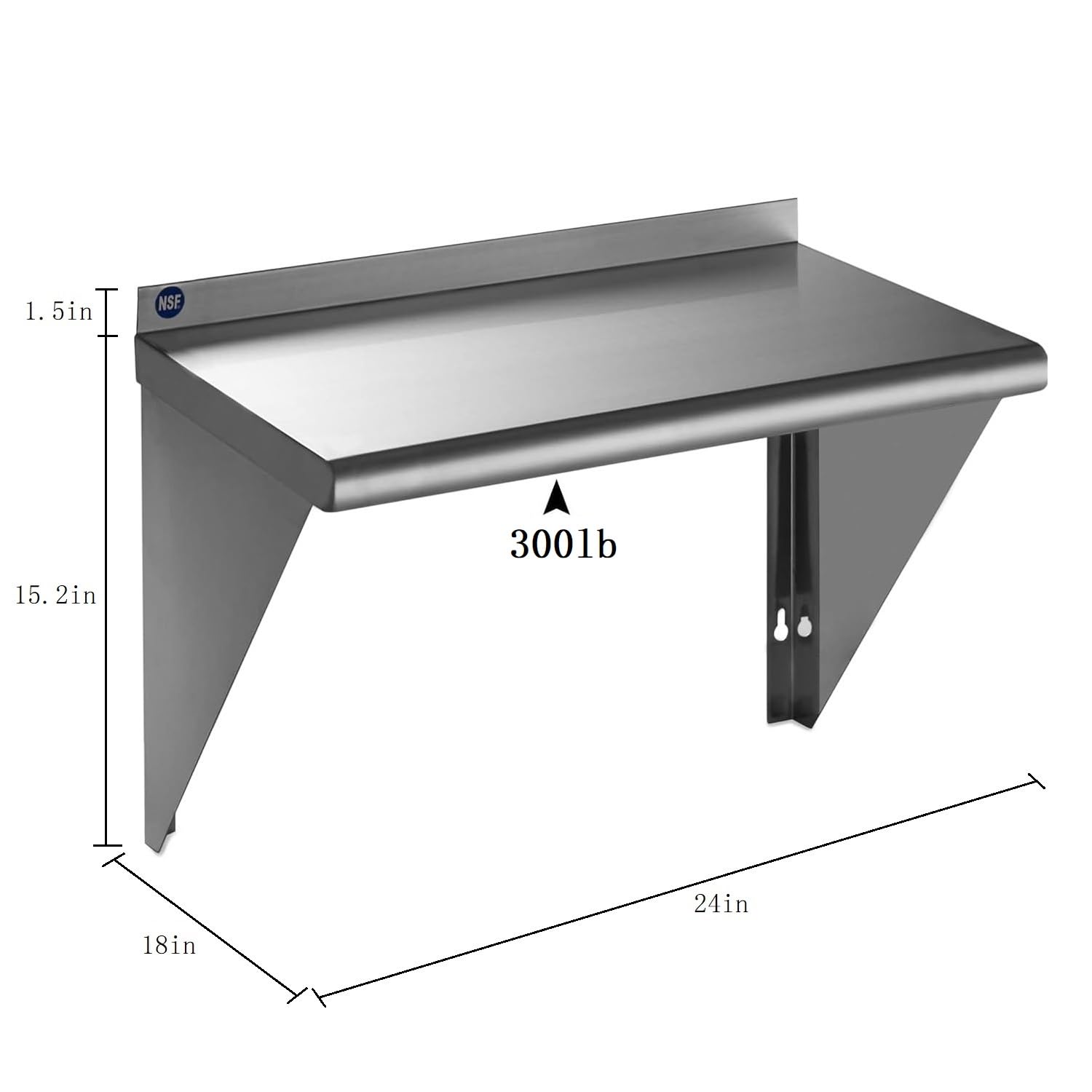 ROCKPOINT Stainless Steel Shelf 18 x 24 Inches 300lb, NSF Metal Commercial Shelves Wall Mount Floating Shelving with Backsplash for Restaurant, Kitchen, Home and Hotel, Silver