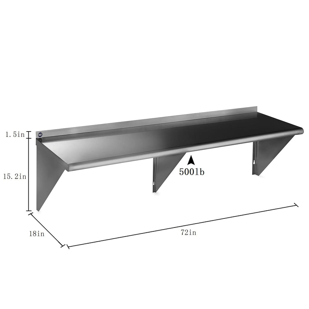 ROCKPOINT Stainless Steel Shelf 18 x 72 Inches 500lb, NSF Metal Commercial Shelves Wall Mount Floating Shelving with Backsplash for Restaurant, Kitchen, Home and Hotel, Silver