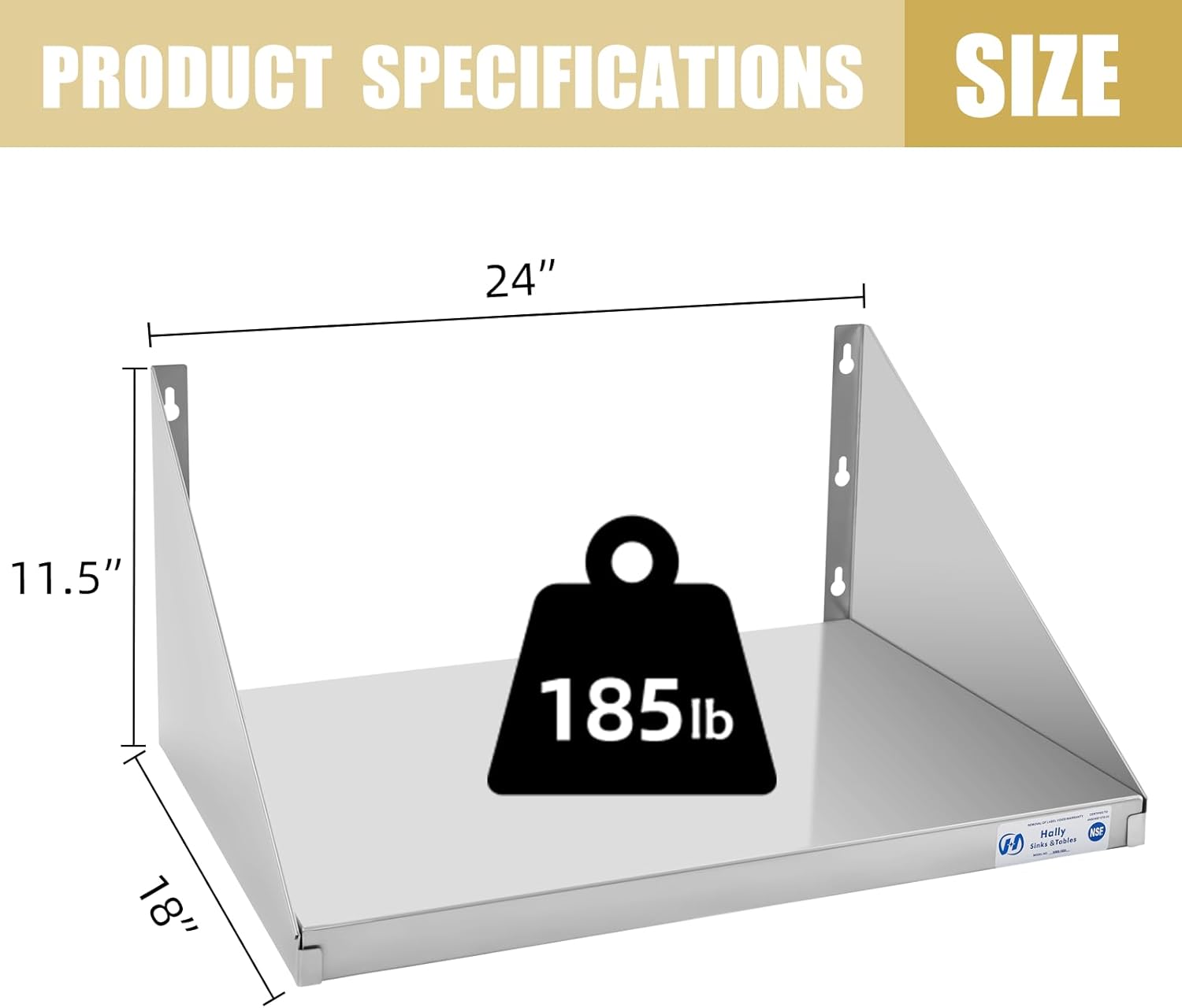 Hally Stainless Steel Microwave Shelf 18"x24" 185 lb, NSF Commercial Heavy Duty Metal Appliance Wall Mount Floating Shelving for Restaurant, Kitchen, Bar, Home and Hotel