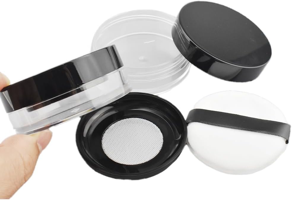 HAHIYO Empty Travel Compact Case Makeup Cosmetic Jar Refillable Powder Box No Leak Holder with Elastic Mesh Sifter and Black Lid, 2Pcs 10ml/0.34oz
