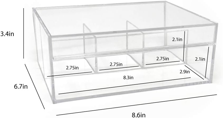 Isaac Jacobs 4-Compartment Clear Acrylic Organizer with Lid (6.7" L x 8.6" W x 3.4" H), Multi-Sectional Tray, Storage Solution for Makeup, School & Office Supplies (3 Small, 1 Large)