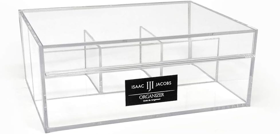 Isaac Jacobs 4-Compartment Clear Acrylic Organizer with Lid (6.7" L x 8.6" W x 3.4" H), Multi-Sectional Tray, Storage Solution for Makeup, School & Office Supplies (3 Small, 1 Large)