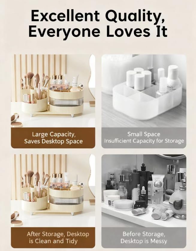 360° Rotating Cosmetic Organizer,3-Layer Display Cabinet With Brush Holder And Drawer,12 x 11 x 4 inches(Cream White)