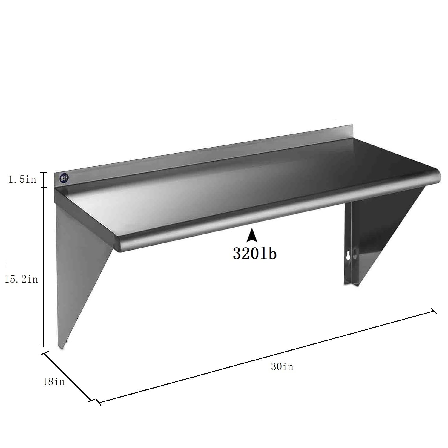 ROCKPOINT Stainless Steel Shelf 18 x 30 Inches 320lb, NSF Metal Commercial Shelves Wall Mount Floating Shelving with Backsplash for Restaurant, Kitchen, Home and Hotel, Silver