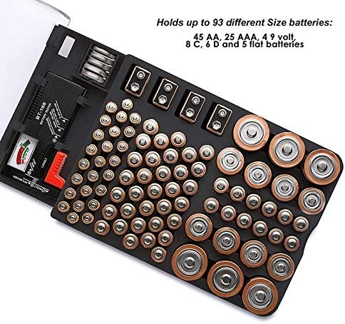 The Battery Storage Case,Organizer with Hinged Clear Cover, with Battery Tester, Holds 93 Batteries Various Sizes, Black