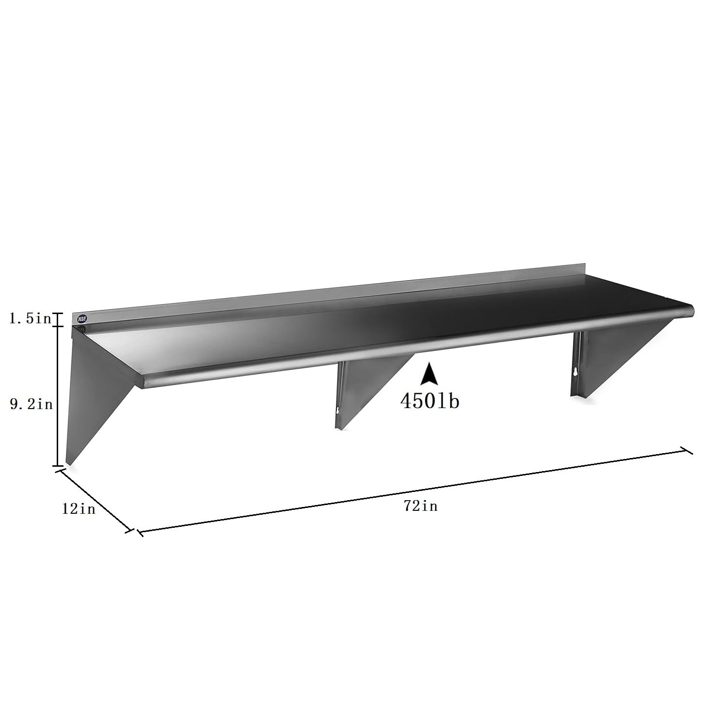 ROCKPOINT Stainless Steel Shelf 12 x 72 Inches 450lb, NSF Metal Commercial Shelves Wall Mount Floating Shelving with Backsplash for Restaurant, Kitchen, Home and Hotel, Silver