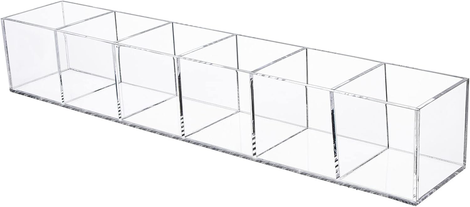 dedoot Clear Drawer Organizer, 6 Compartments Acrylic Organizer Durable Plastic Square Cube Storage Bin for Makeup, Jewelry, Pen, Small Items, 15x2.5x2.6inches