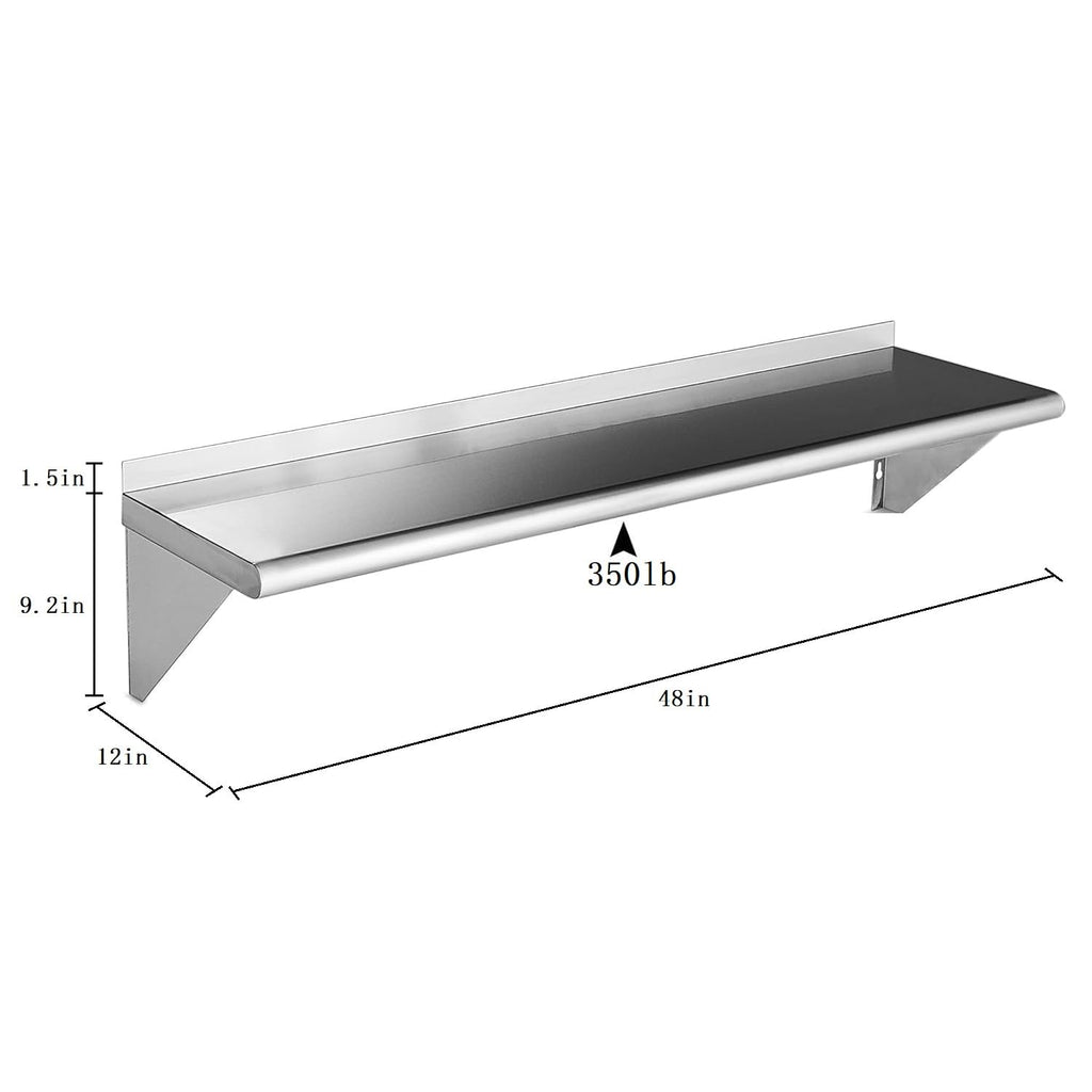 ROCKPOINT Stainless Steel Shelf 12 x 48 Inches 350lb, NSF Metal Commercial Shelves Wall Mount Floating Shelving with Backsplash for Restaurant, Kitchen, Home and Hotel, Silver