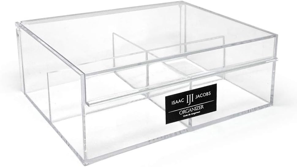Isaac Jacobs 4-Compartment Clear Acrylic Organizer with Lid (6.7" L x 8.6" W x 3.4" H), Multi-Sectional Tray & Storage Solution for Makeup, School & Office Supplies & More, for Bathroom, Kitchen