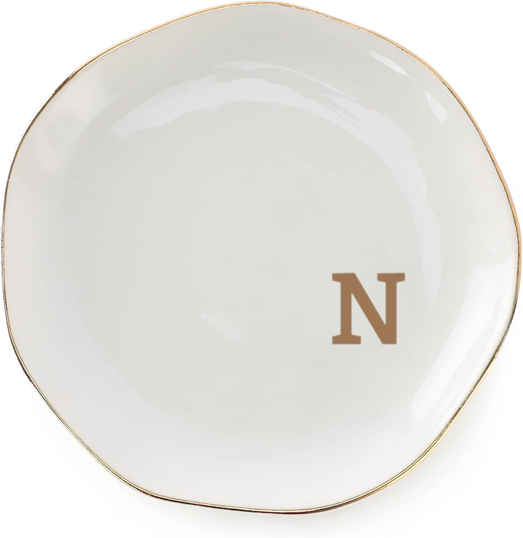 Initials Ring Dish Jewery Tray with personalized N-Monogrammed Gifts Wedding Engagement for Women Friends sister,Ceramic White