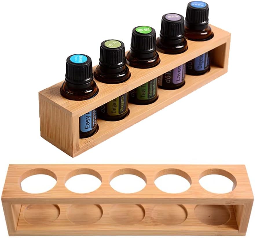 Natural Bamboo Essential Oils Storage Rack fits 15ml bottles 1 Tier Tabletop Display Stand for Aromatherapy Bottles Storage Shelf fits 15ml 10ml 5ml bottles (5 Slots * 2pcs)