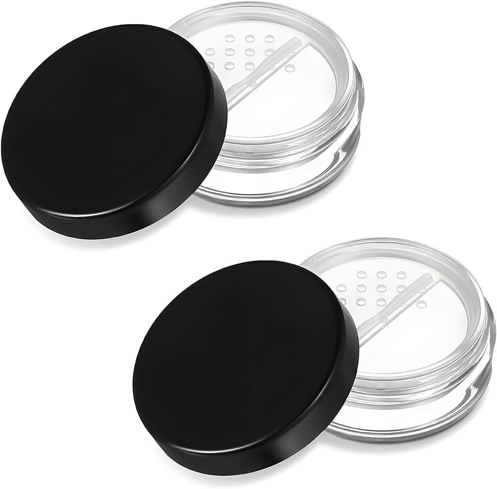 HAHIYO 2Pcs 20ml/0.68oz Plastic Empty Travel Compact Case Makeup Cosmetic Jar Refillable Powder Box No Leak Holder with Rotatable Sifter and Black Screw Lid