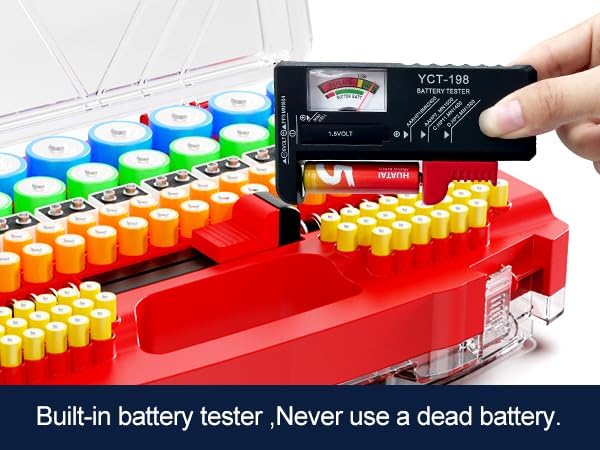 Battery Organizer Storage Holder Box Case with Tester, New Ultra-Large 285+Batteries Double-Sided Variety Pack, Holds AA AAA 4A C D 9V 3V Button Cell Lithium18650 CR2 CR123 CR1632 LR44 - Red