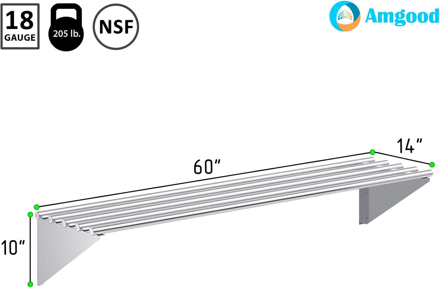AmGood 14 in. x 60 in. NSF Stainless Steel Tubular Wall Shelf | Heavy-Duty Metal Shelving for Appliances & Equipment | Ideal for Kitchen, Restaurant, Garage, Laundry, Utility Room