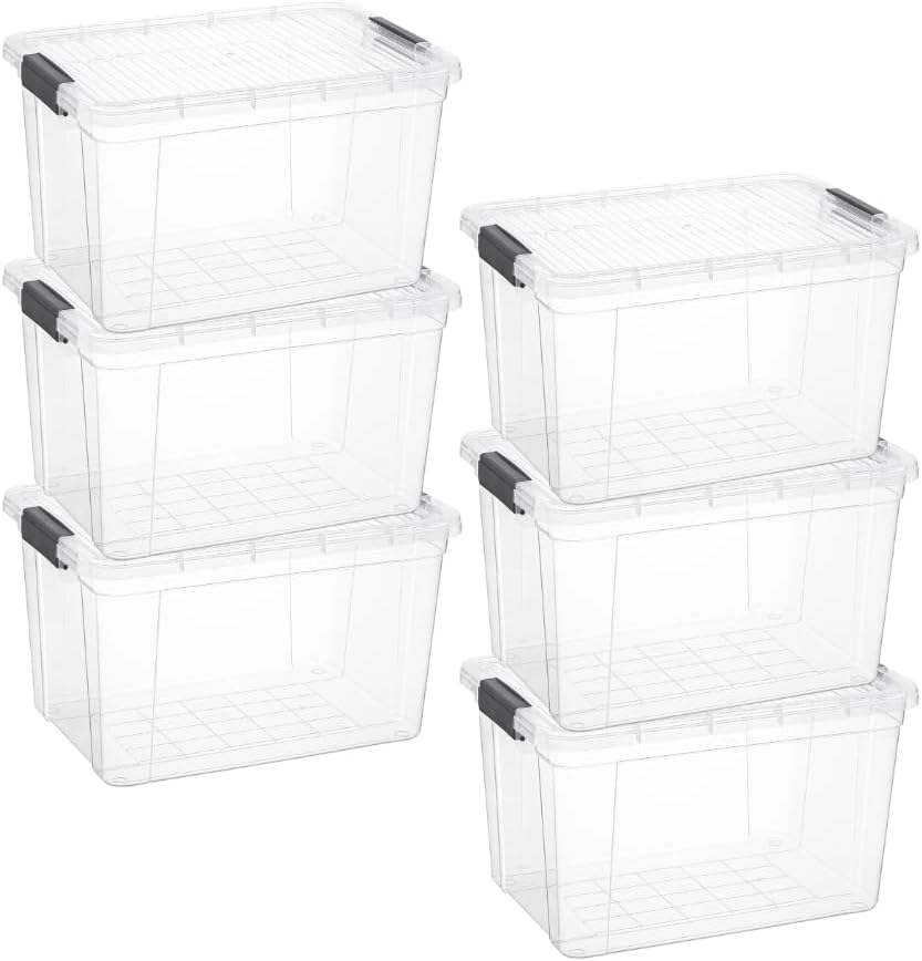 Superio Storage Bins with Lids- Clear Boxes for Organizing, Stackable Plastic Containers- BPA Free, Non-Toxic, Odor Free, Organizer for Home, Office, Dorm (6 Pack, 14.25 Qt)