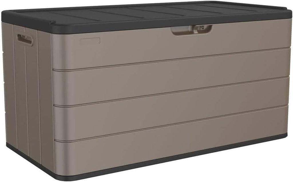 100 Gallon Plus Outdoor Storage Box Waterproof Lockable Resin Deck Box Large, Patio Storage Bin for Pool Accessories Cushion Furniture, Garden Tools, UV-Resistant Outside Delivery Brown